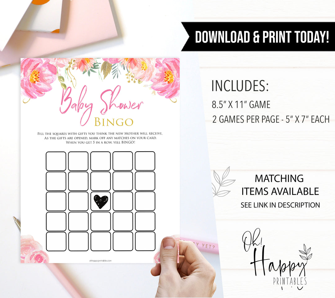 Pink blush floral baby shower bingo game, printable baby games, baby shower games, blush baby shower, floral baby games, girl baby shower ideas, pink baby shower ideas, floral baby games, popular baby games, fun baby games