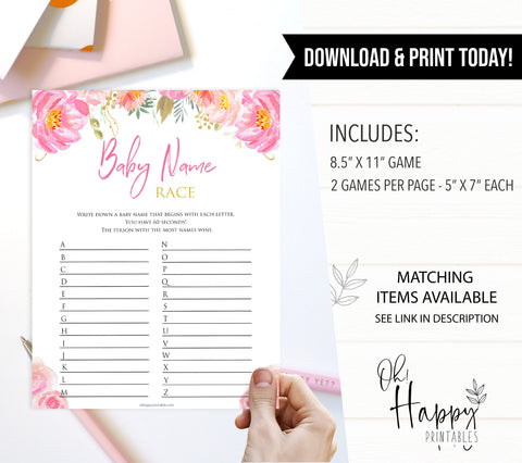 pink floral baby shower games, baby name race baby shower game, printable baby games, fun baby games, floral popular baby games