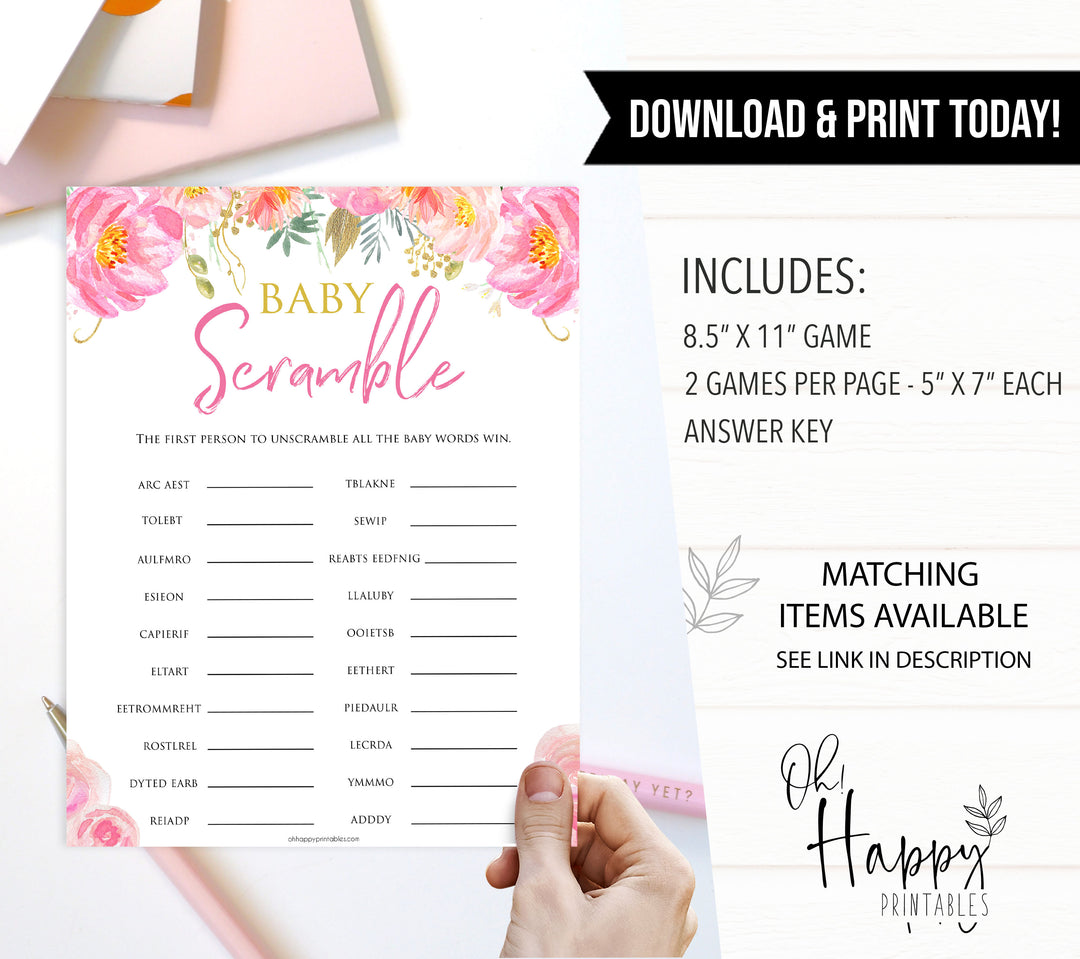 pink blush floral baby scramble baby shower games, printable baby shower games, fun baby games, baby scramble