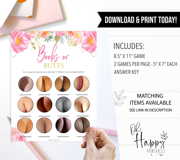 Pink blush floral boobs or butts game, printable baby games, baby shower games, blush baby shower, floral baby games, girl baby shower ideas, pink baby shower ideas, floral baby games, popular baby games, fun baby games