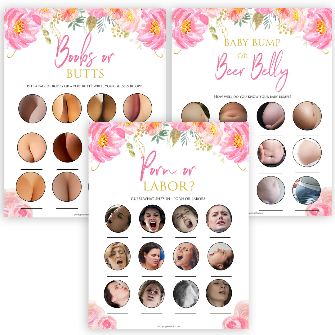 Pink blush floral baby shower game, porn or labor game, boobs butts game, baby bump game, printable baby games, baby shower games, blush baby shower, floral baby games, girl baby shower ideas, pink baby shower ideas, floral baby games, popular baby games, fun baby games