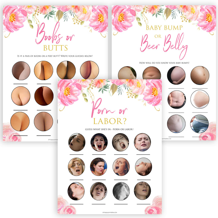 Pink blush floral baby shower game, porn or labor game, boobs butts game, baby bump game, printable baby games, baby shower games, blush baby shower, floral baby games, girl baby shower ideas, pink baby shower ideas, floral baby games, popular baby games, fun baby games