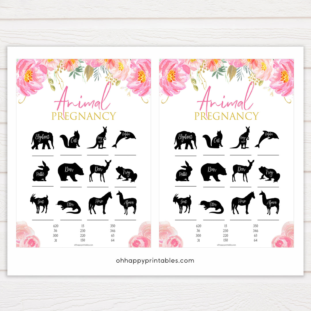 floral pink baby shower games, animal pregnancy baby games, baby shower games, printable baby shower games, fun baby shower games