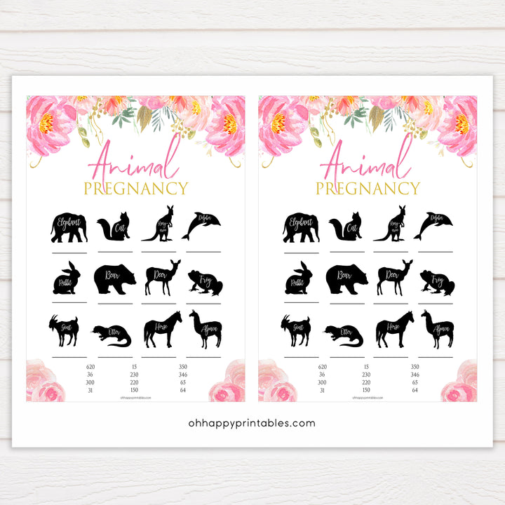 floral pink baby shower games, animal pregnancy baby games, baby shower games, printable baby shower games, fun baby shower games