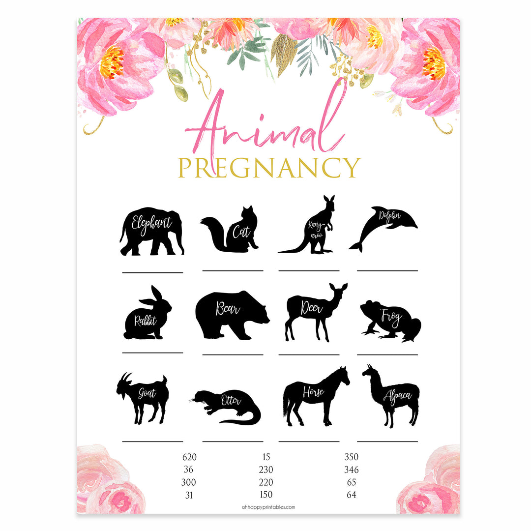 floral pink baby shower games, animal pregnancy baby games, baby shower games, printable baby shower games, fun baby shower games