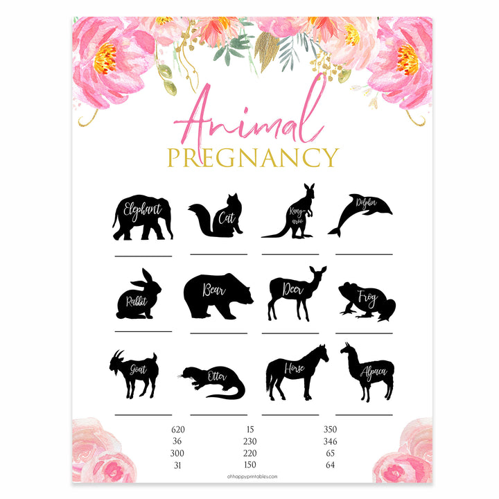 floral pink baby shower games, animal pregnancy baby games, baby shower games, printable baby shower games, fun baby shower games