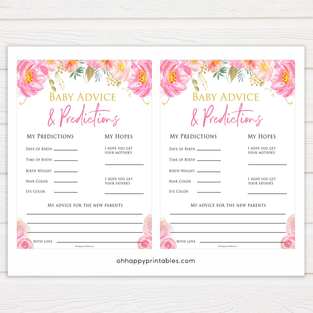 Pink floral baby advice baby shower games, printable baby shower games, fun baby shower games, baby predictions games, popular baby games