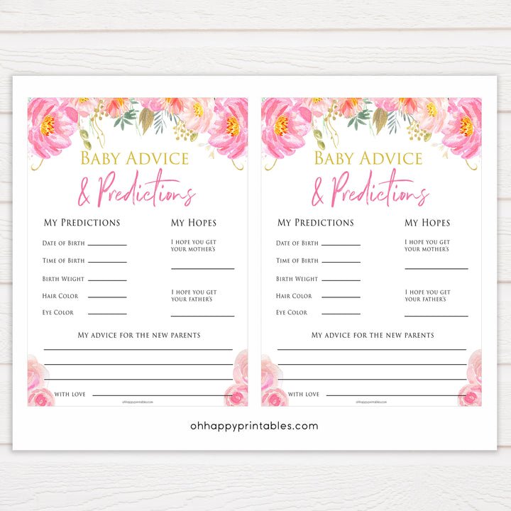 Pink floral baby advice baby shower games, printable baby shower games, fun baby shower games, baby predictions games, popular baby games