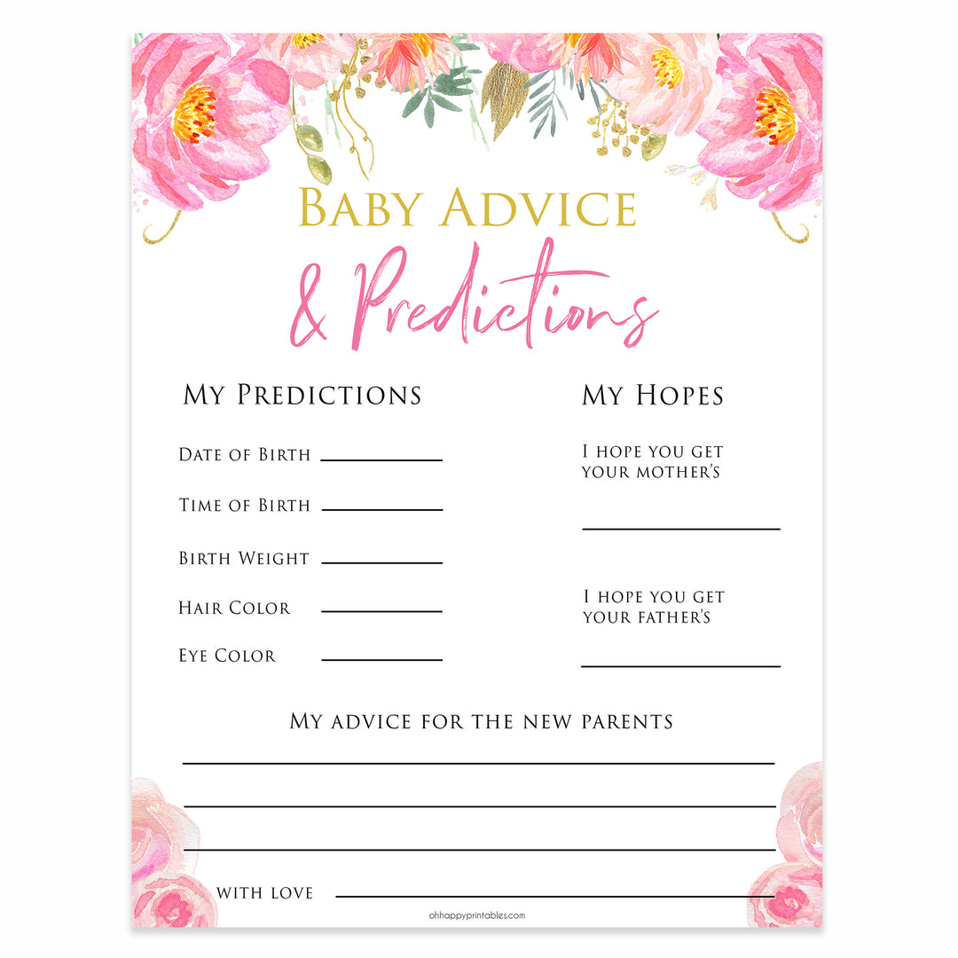 Pink floral baby advice baby shower games, printable baby shower games, fun baby shower games, baby predictions games, popular baby games