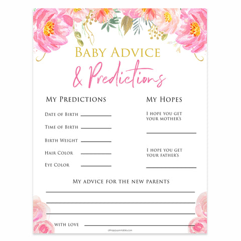 Pink floral baby advice baby shower games, printable baby shower games, fun baby shower games, baby predictions games, popular baby games