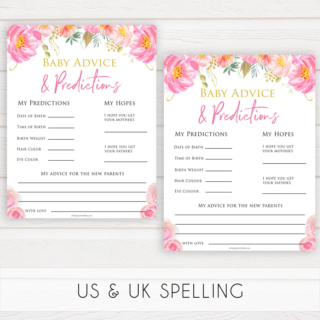 Pink floral baby advice baby shower games, printable baby shower games, fun baby shower games, baby predictions games, popular baby games