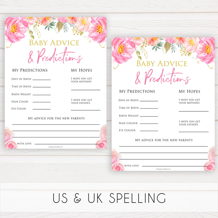 Pink floral baby advice baby shower games, printable baby shower games, fun baby shower games, baby predictions games, popular baby games