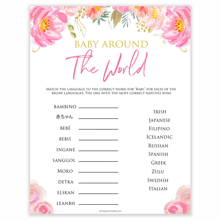 baby around the world floral blush baby shower games, printable baby shower games, fun baby shower games, popular baby shower games