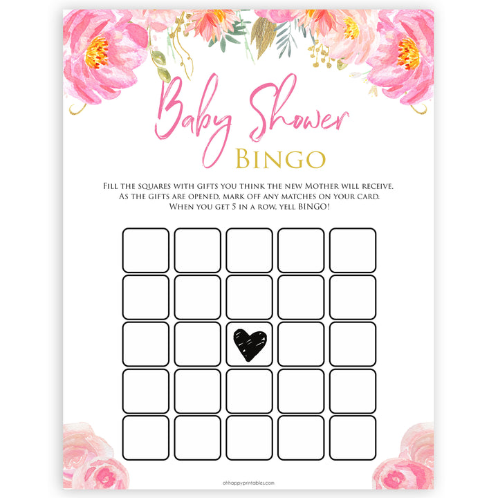 Pink blush floral baby shower bingo game, printable baby games, baby shower games, blush baby shower, floral baby games, girl baby shower ideas, pink baby shower ideas, floral baby games, popular baby games, fun baby games
