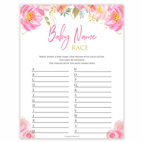pink floral baby shower games, baby name race baby shower game, printable baby games, fun baby games, floral popular baby games