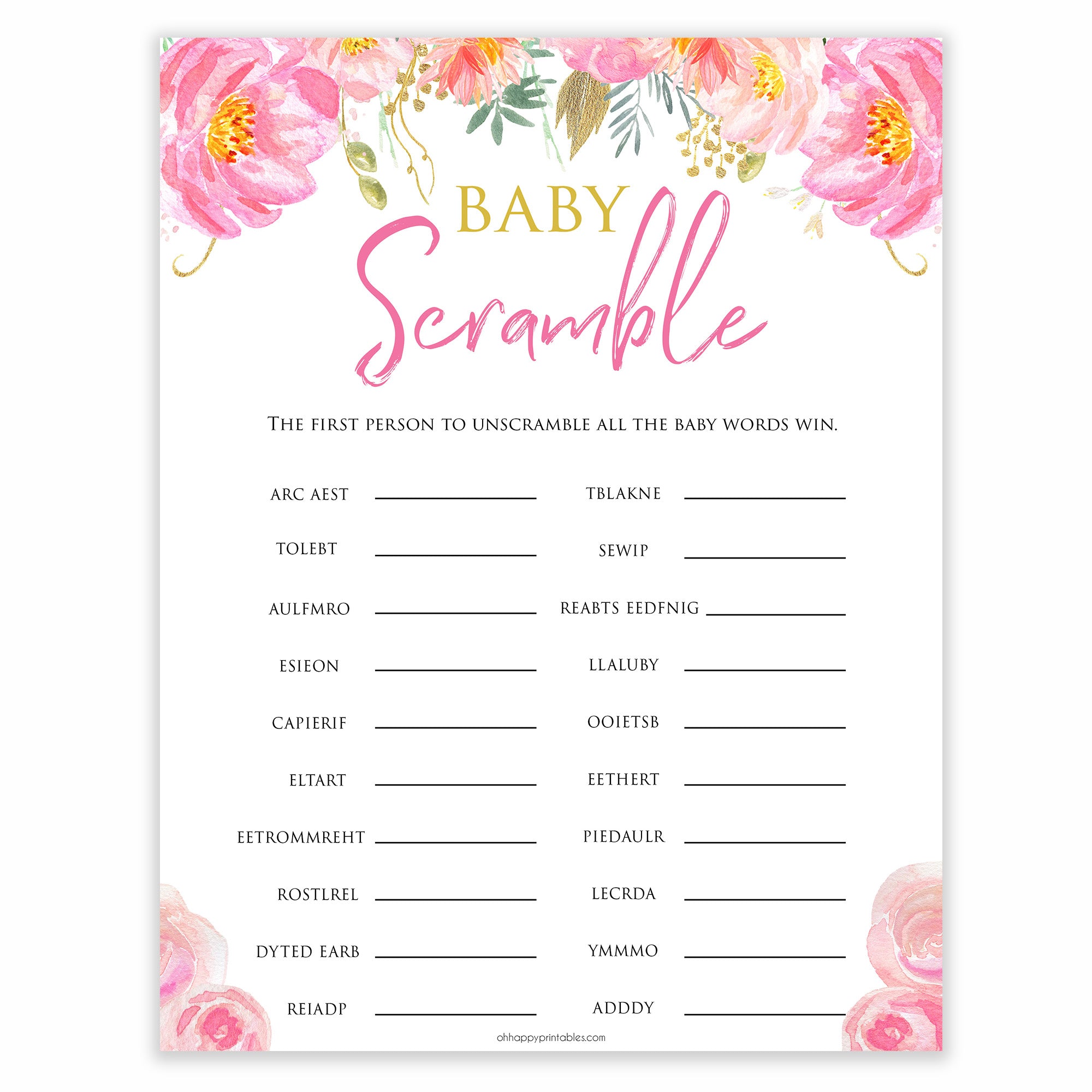 pink blush floral baby scramble baby shower games, printable baby shower games, fun baby games, baby scramble