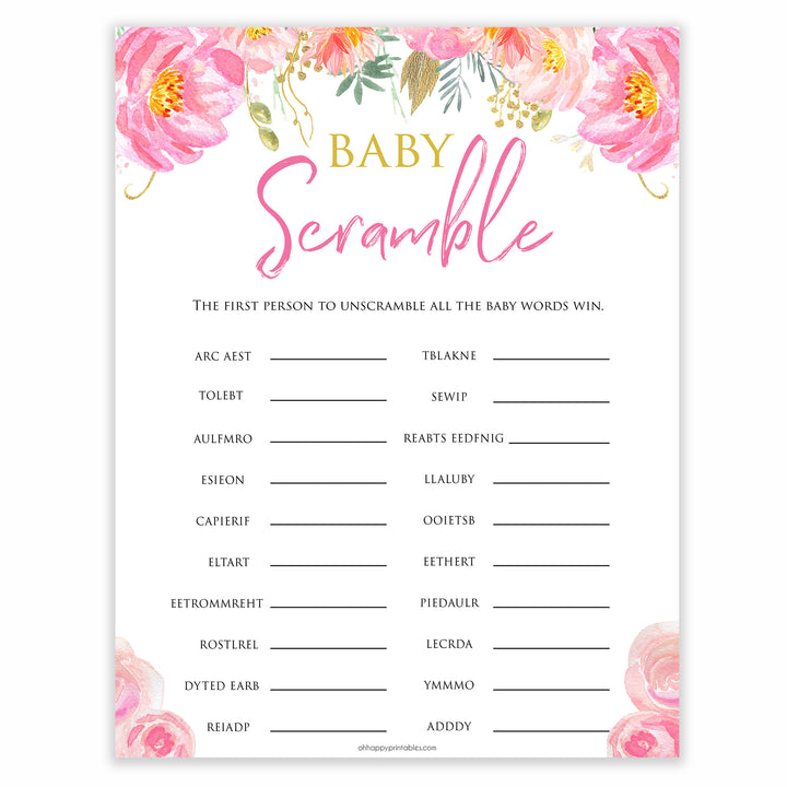 pink blush floral baby scramble baby shower games, printable baby shower games, fun baby games, baby scramble