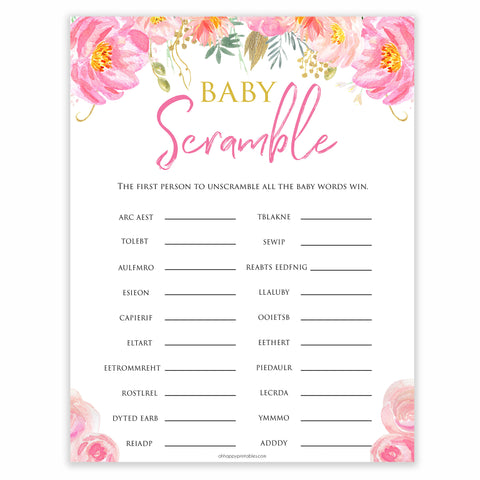 pink blush floral baby scramble baby shower games, printable baby shower games, fun baby games, baby scramble