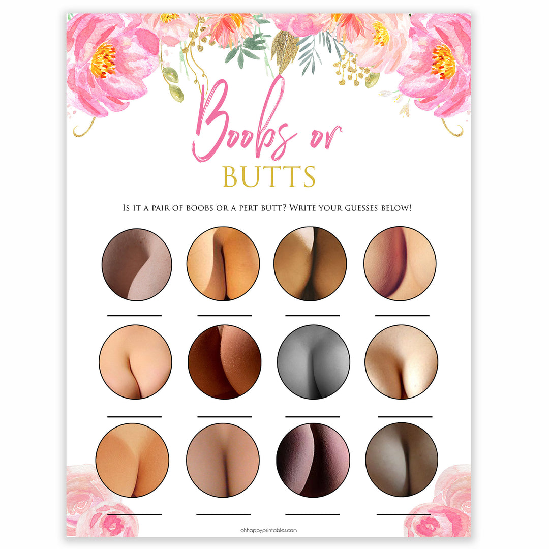 Pink blush floral boobs or butts game, printable baby games, baby shower games, blush baby shower, floral baby games, girl baby shower ideas, pink baby shower ideas, floral baby games, popular baby games, fun baby games