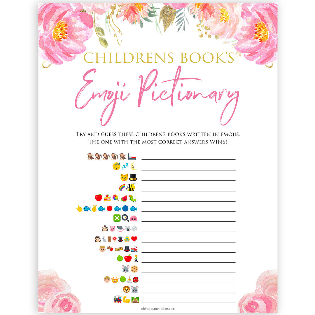 Pink blush floral childrens books emoji pictionary game, printable baby games, baby shower games, blush baby shower, floral baby games, girl baby shower ideas, pink baby shower ideas, floral baby games, popular baby games, fun baby games