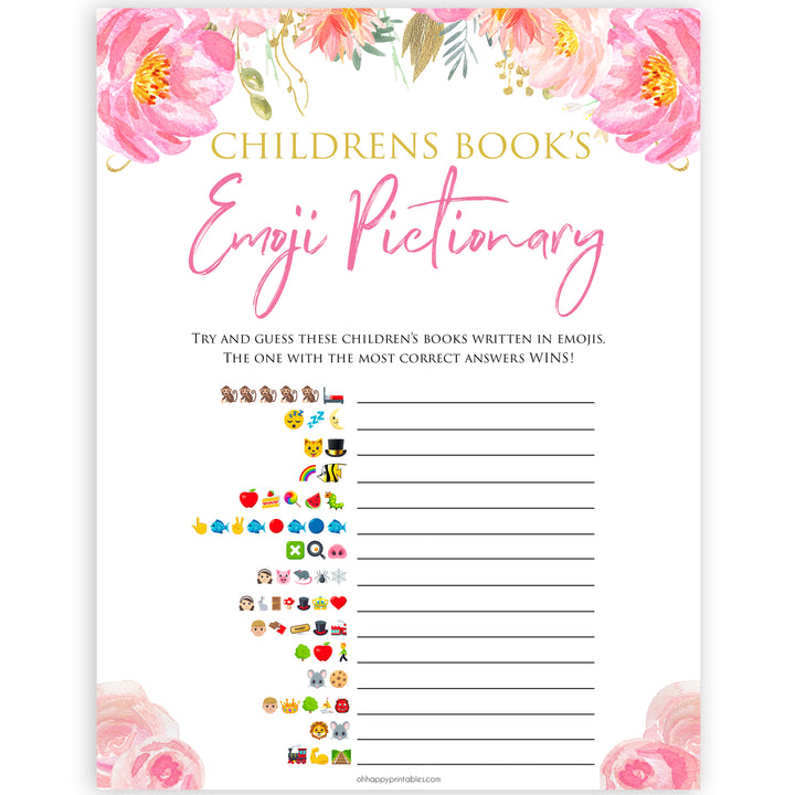 Pink blush floral childrens books emoji pictionary game, printable baby games, baby shower games, blush baby shower, floral baby games, girl baby shower ideas, pink baby shower ideas, floral baby games, popular baby games, fun baby games