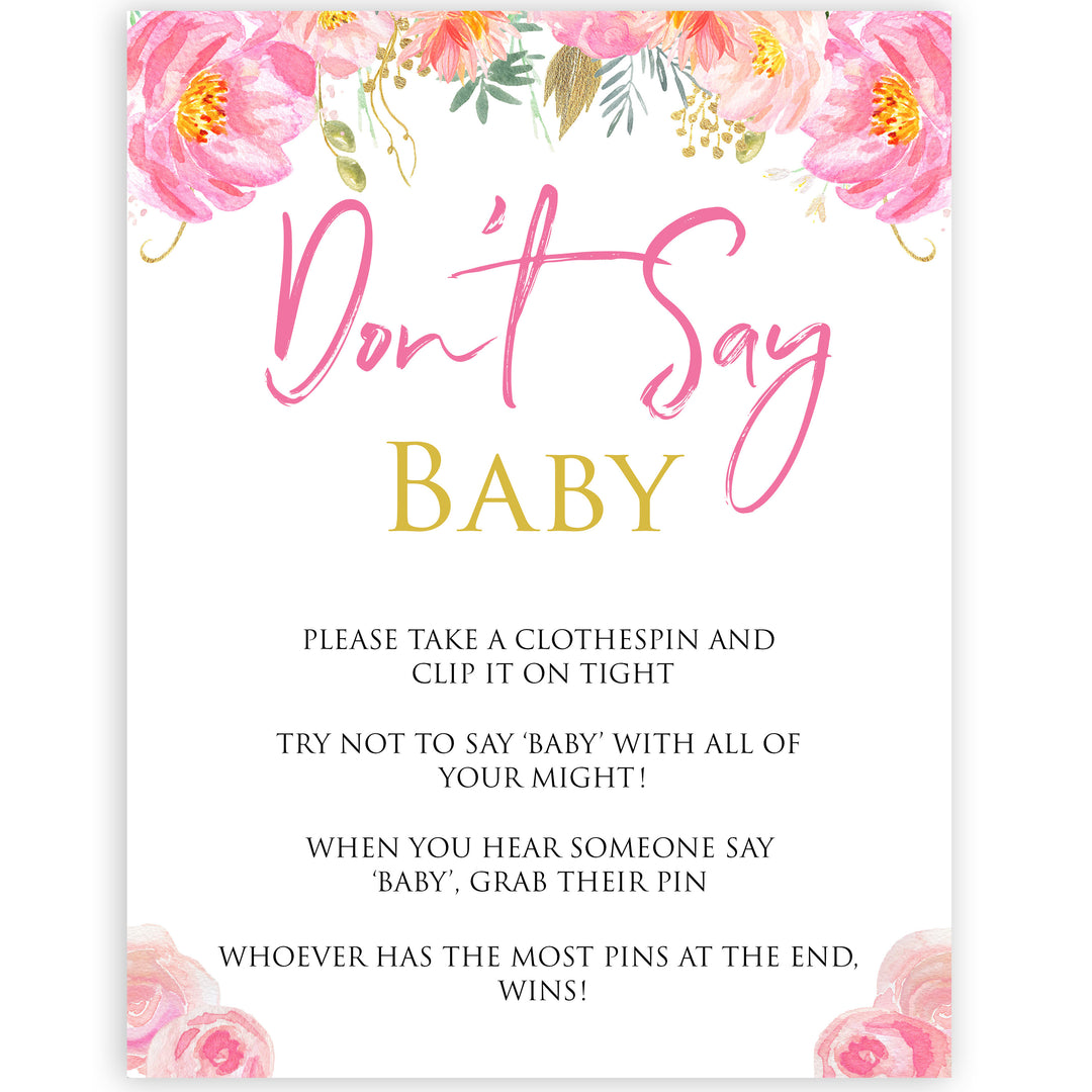Pink blush floral dont say baby game, printable baby games, baby shower games, blush baby shower, floral baby games, girl baby shower ideas, pink baby shower ideas, floral baby games, popular baby games, fun baby games