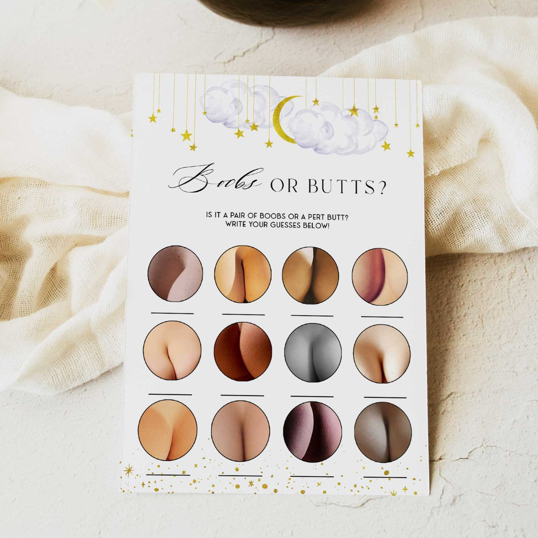 Fully editable and printable baby shower boobs or butts game with a little star design. Perfect for a Twinkle Little Star baby shower themed party