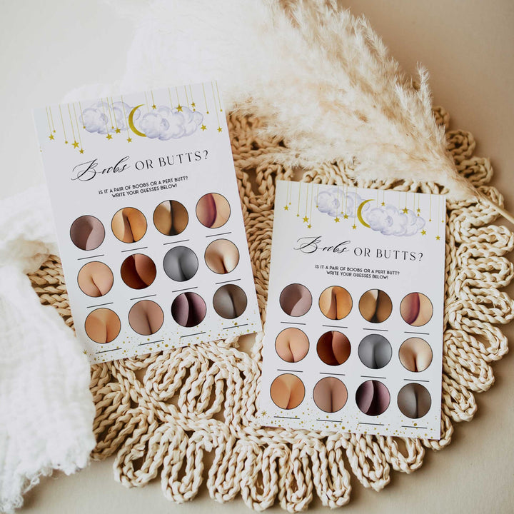 Fully editable and printable baby shower boobs or butts game with a little star design. Perfect for a Twinkle Little Star baby shower themed party