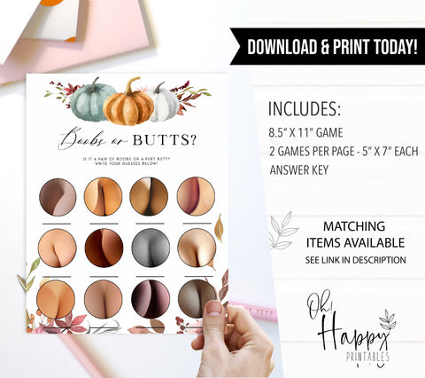 Fully editable and printable baby shower boobs or butts game with a fall pumpkin design. Perfect for a Fall Pumpkin baby shower themed party