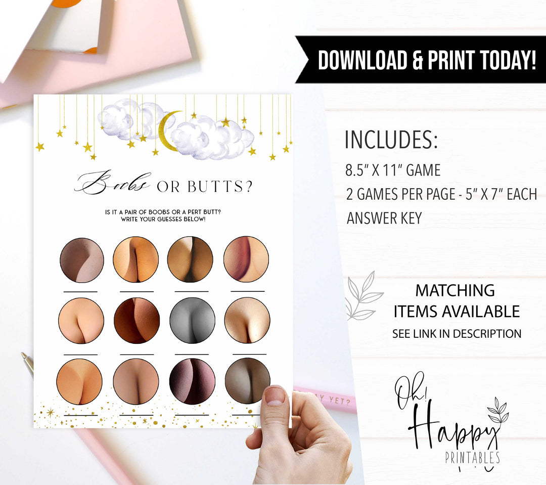 Fully editable and printable baby shower boobs or butts game with a little star design. Perfect for a Twinkle Little Star baby shower themed party