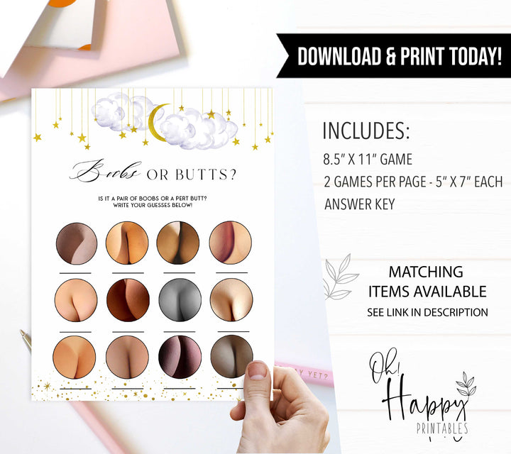 Fully editable and printable baby shower boobs or butts game with a little star design. Perfect for a Twinkle Little Star baby shower themed party
