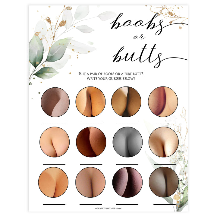 Gold green leaf baby games, boobs or butts guessing game, printable baby games, fun baby games, top baby games to play, gold leaf baby shower, greenery baby shower ideas