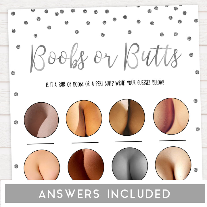 boobs or butts game, Printable baby shower games, baby silver glitter fun baby games, baby shower games, fun baby shower ideas, top baby shower ideas, silver glitter shower baby shower, friends baby shower ideas