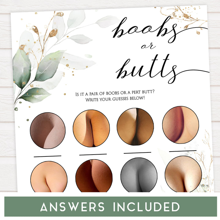 Gold green leaf baby games, boobs or butts guessing game, printable baby games, fun baby games, top baby games to play, gold leaf baby shower, greenery baby shower ideas