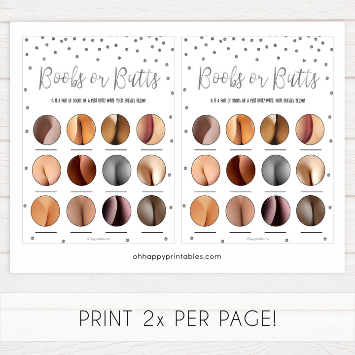 boobs or butts game, Printable baby shower games, baby silver glitter fun baby games, baby shower games, fun baby shower ideas, top baby shower ideas, silver glitter shower baby shower, friends baby shower ideas