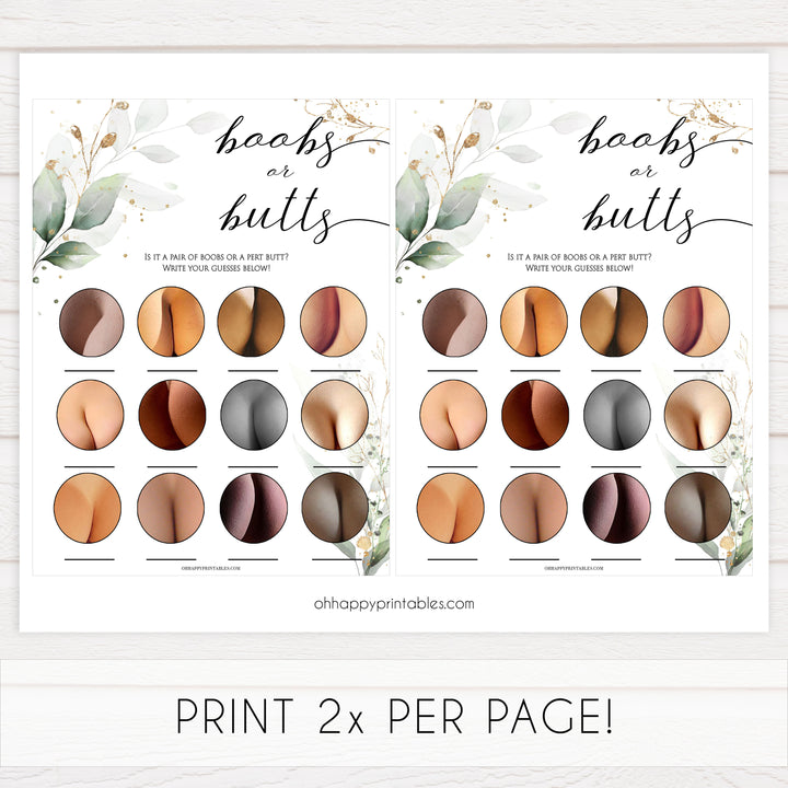 Gold green leaf baby games, boobs or butts guessing game, printable baby games, fun baby games, top baby games to play, gold leaf baby shower, greenery baby shower ideas