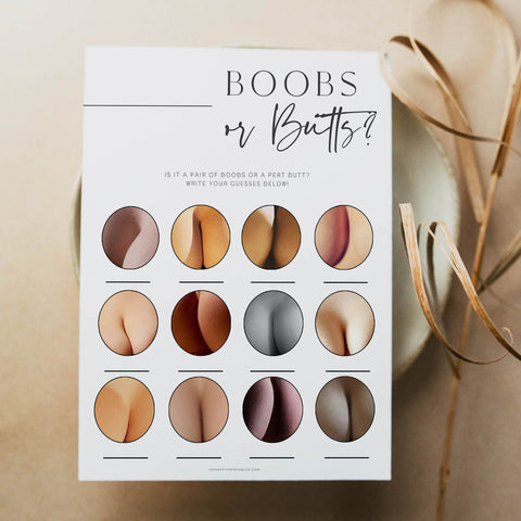 boobs or butts baby shower game, printable baby shower games, editable baby shower games, modern baby shower games, minimalist baby shower