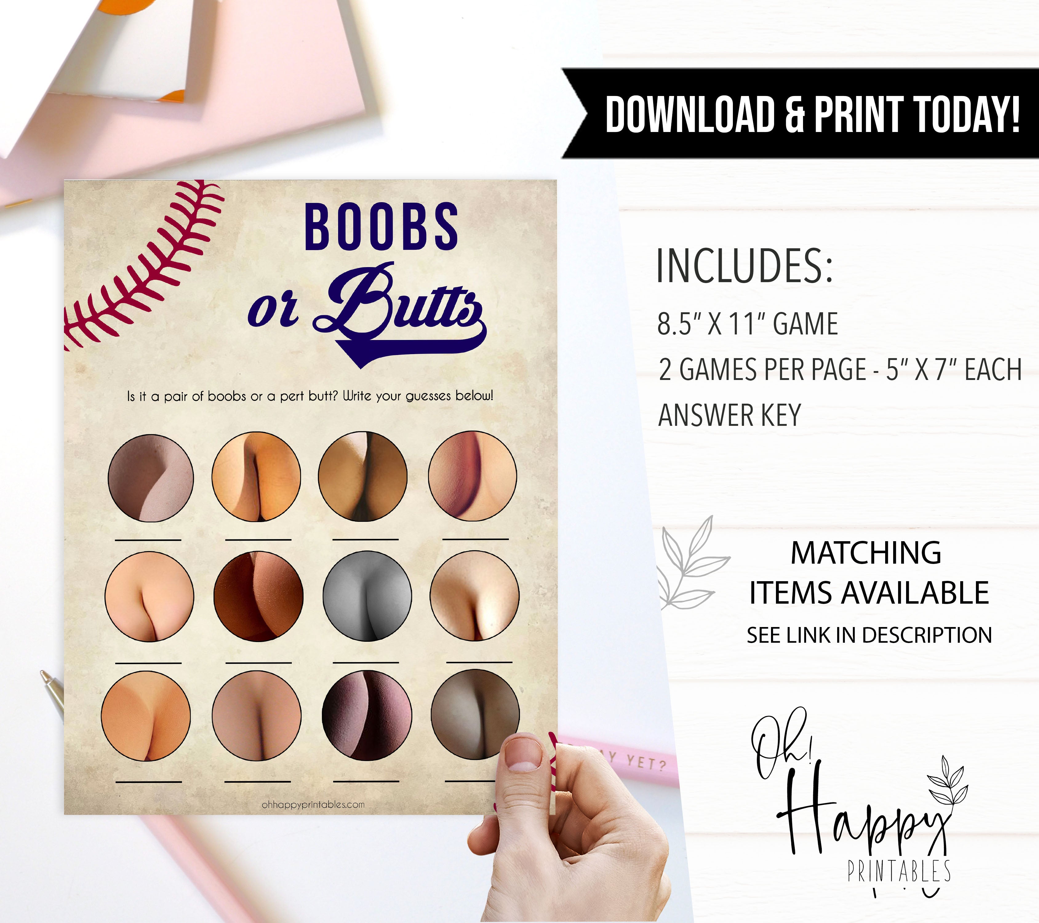 Boobs or Butts Baby Shower Game - Baseball Printable Baby Shower