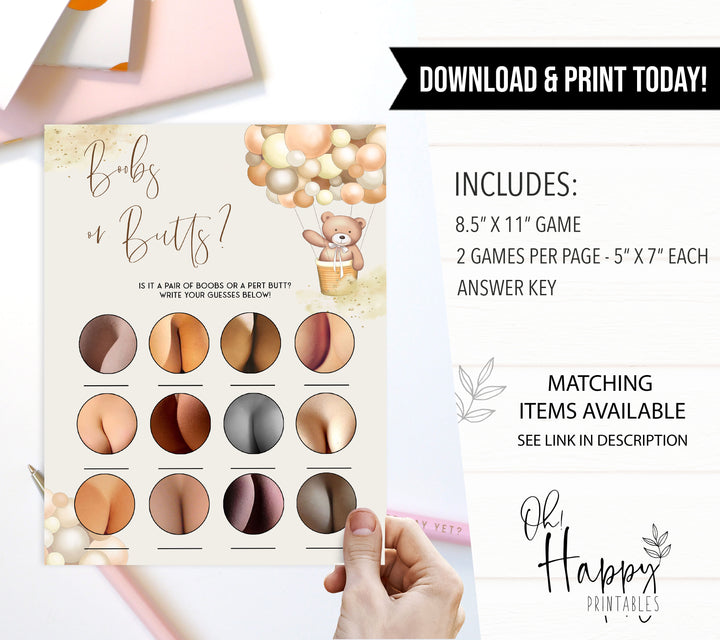 Fully editable and printable baby shower boobs or butts game with a hot air balloon teddy bear, we can bearly wait design. Perfect for a We Can Bearly Wait baby shower themed party