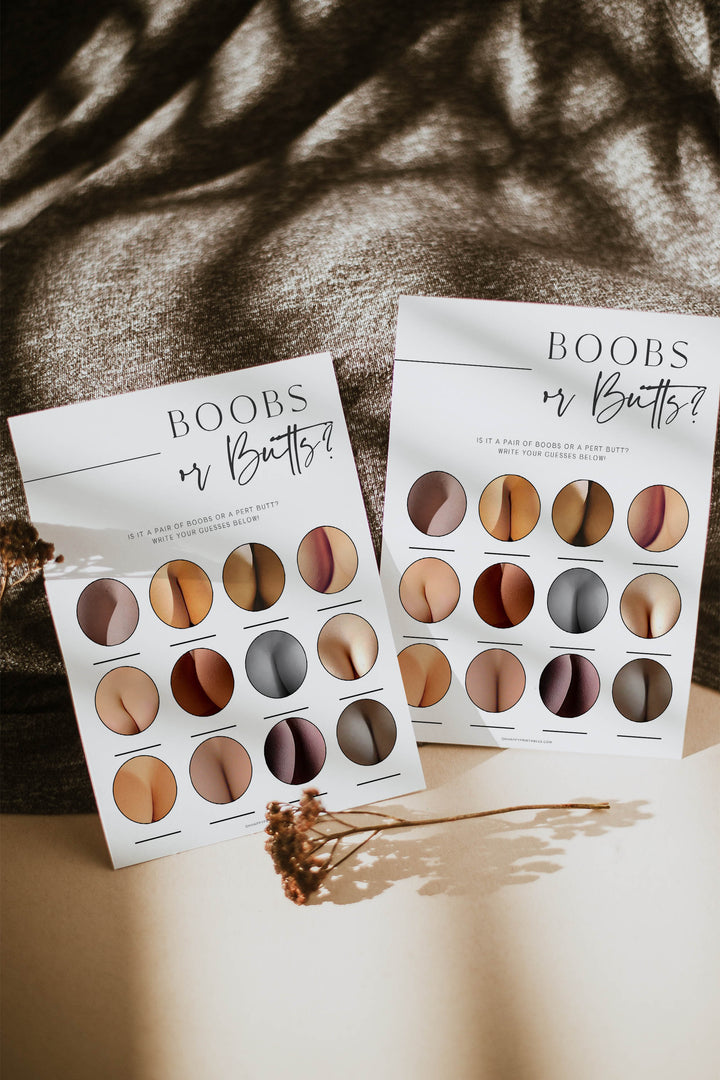 boobs or butts baby shower game, printable baby shower games, editable baby shower games, modern baby shower games, minimalist baby shower