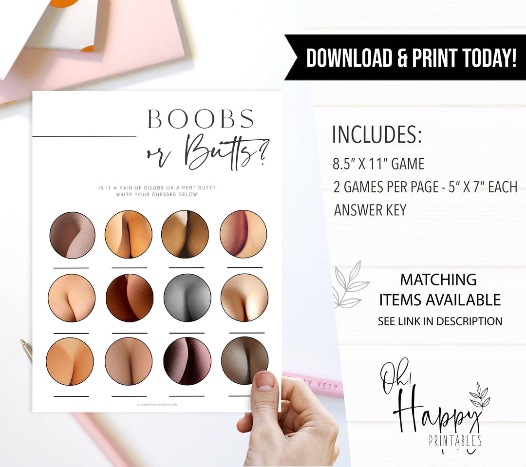 boobs or butts baby shower game, printable baby shower games, editable baby shower games, modern baby shower games, minimalist baby shower
