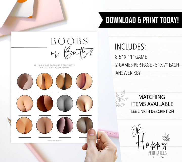 boobs or butts baby shower game, printable baby shower games, editable baby shower games, modern baby shower games, minimalist baby shower