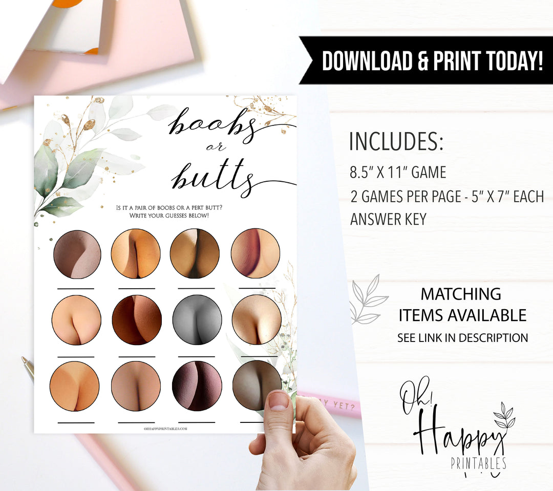 Gold green leaf baby games, boobs or butts guessing game, printable baby games, fun baby games, top baby games to play, gold leaf baby shower, greenery baby shower ideas