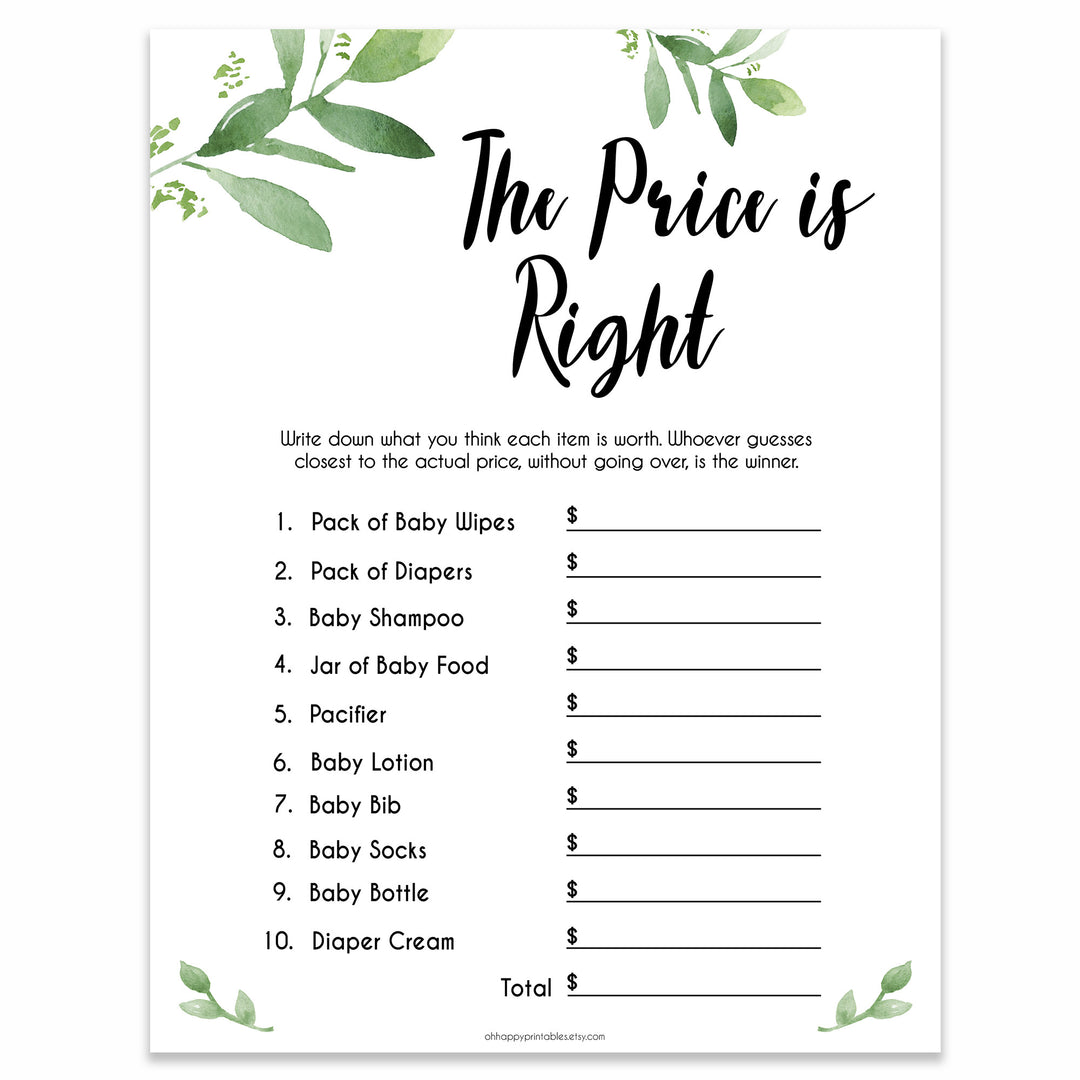 Botanical Price Is Right Baby Shower Game, Gold Guess The Price Games, Eucalyptus Baby Shower Price Games, Green Price Is Right Game