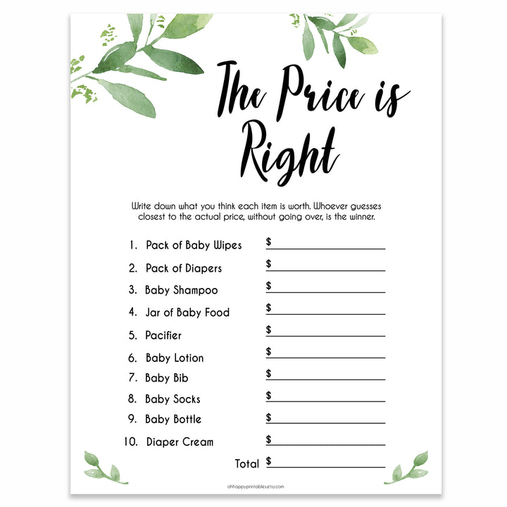 Botanical Price Is Right Baby Shower Game, Gold Guess The Price Games, Eucalyptus Baby Shower Price Games, Green Price Is Right Game