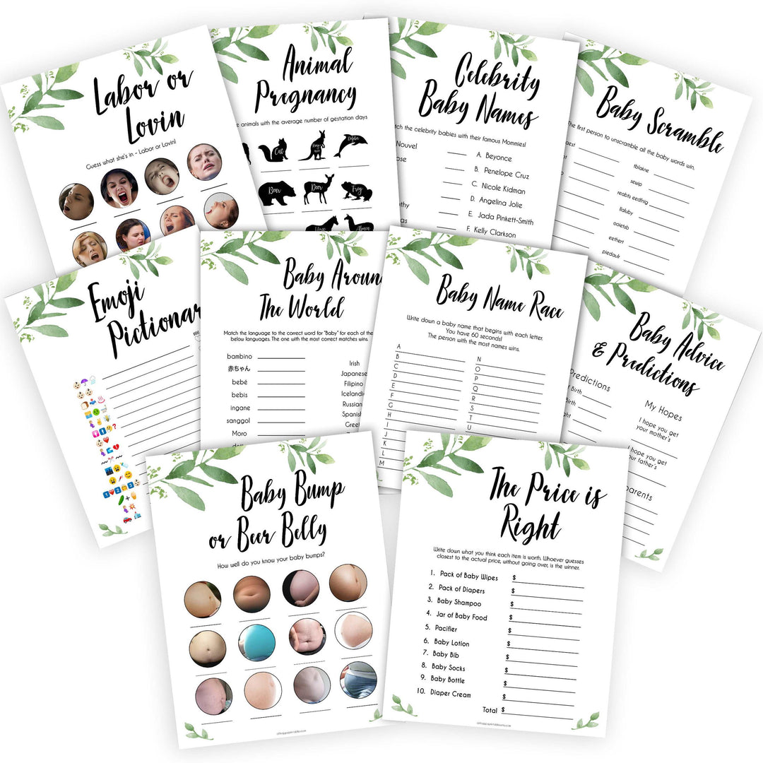 botanical baby shower games, baby shower games bundle, baby games, baby shower ideas, Printable baby games