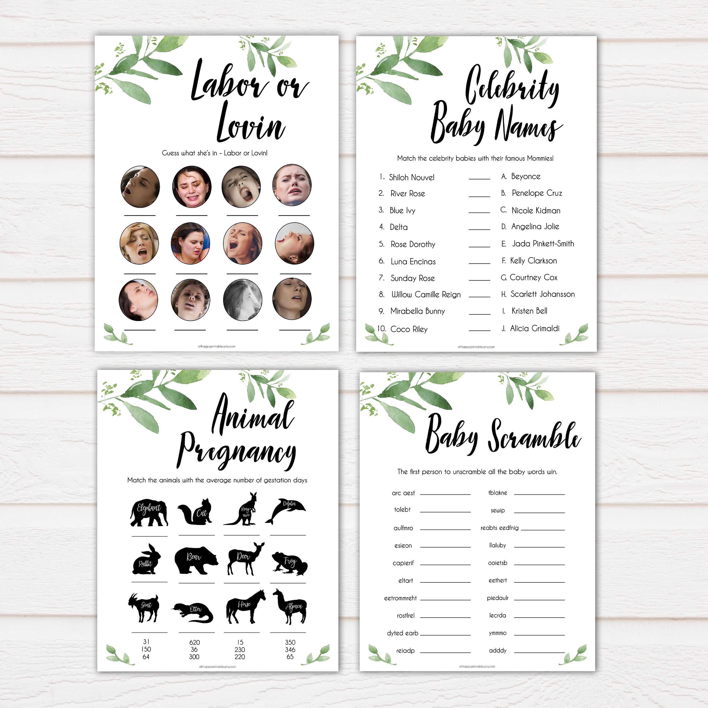 botanical baby shower games, baby shower games bundle, baby games, baby shower ideas, Printable baby games