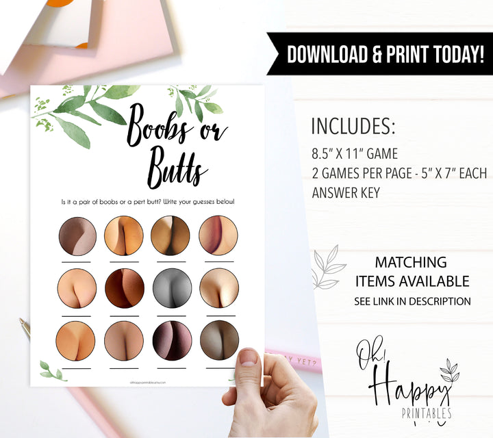 botanical boobs or butts baby shower games, floral printable baby shower games, fun baby shower games, popular baby shower games