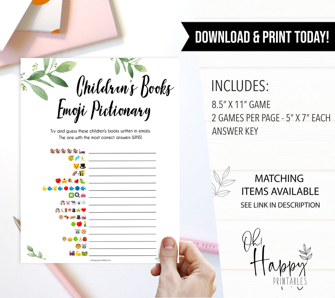 Botanical Childrens Books Emoji Pictionary, Childrens Book Emoji Game, Green Baby Shower Emoji Pictionary, Baby Games, Baby Shower Emoji, fin baby shower games, printable baby shower games