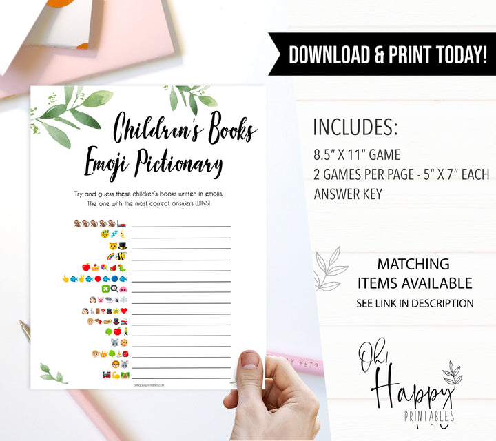 Botanical Childrens Books Emoji Pictionary, Childrens Book Emoji Game, Green Baby Shower Emoji Pictionary, Baby Games, Baby Shower Emoji, fin baby shower games, printable baby shower games